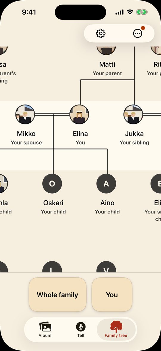 The family tree around Elina, marked You. Above her is Matti, Your parent. Beside her are Mikko, Your spouse, and Jukka, Your sibling, and below her are her children, Oskari and Aino. Each person has a round picture or an initial, and the tree goes on past the edges of the screen. At the bottom are two buttons, Whole family and You.